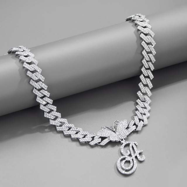 Hiphop diamond butterfly initial letter charm choker necklace