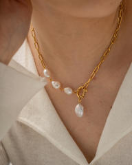 Vintage baroque pearl pendant stainless steel necklace