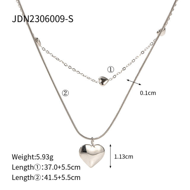 18K gold plated two layer heart pendant dainty stainless steel necklace