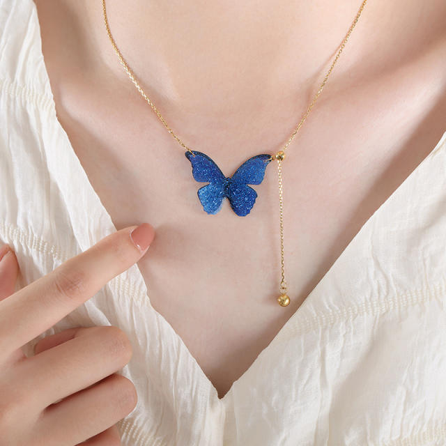 Speical blue color butterfly crystal bead stainless steel necklace