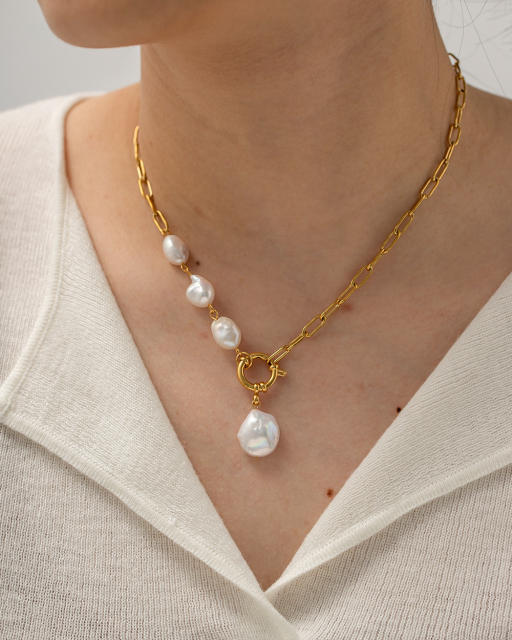 Vintage baroque pearl pendant stainless steel necklace