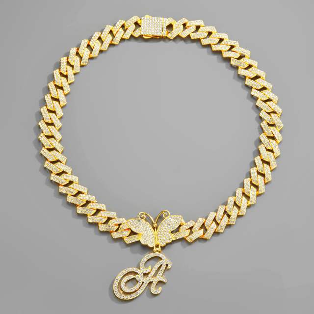 Hiphop diamond butterfly initial letter charm choker necklace