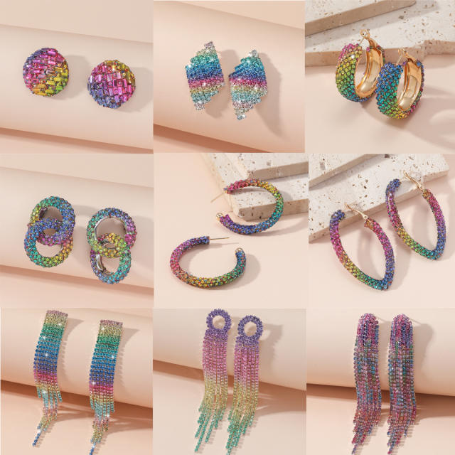 Rainbow rhinestone pave setting diamond women earrings party earrings