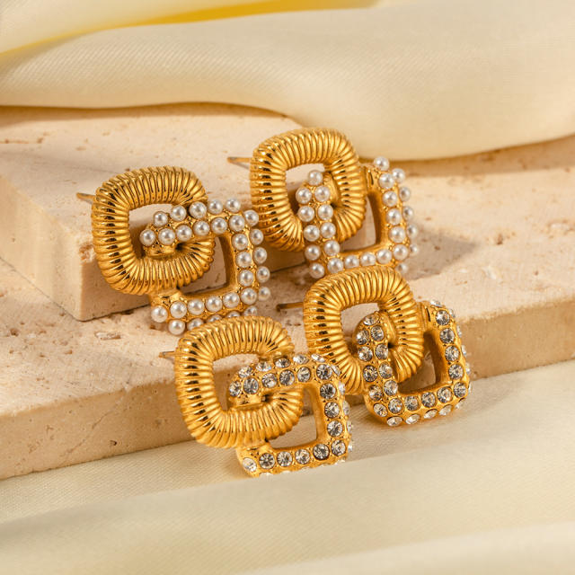 18K geometric square pearl bead stainless steel earrings