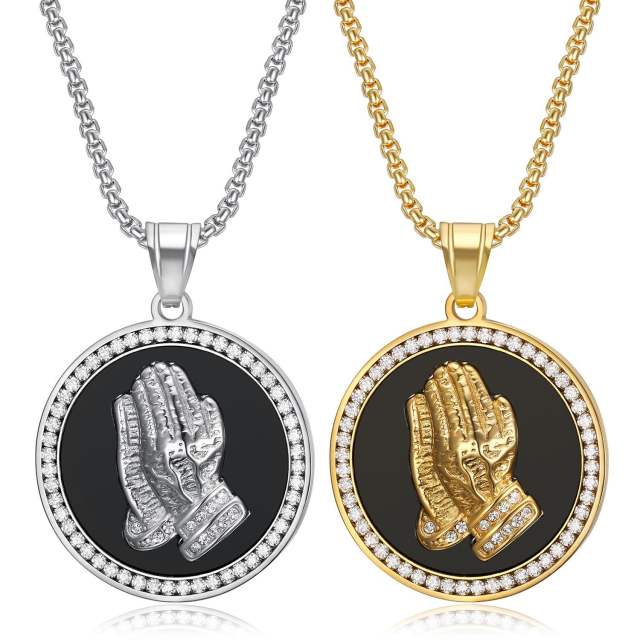 Hiphop pray hand round pendant stainless steel necklace for men
