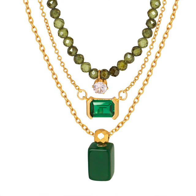 Chic emerald cubic zircon crystal bead stainless steel necklace