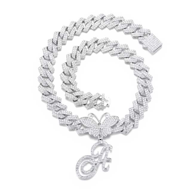 Hiphop diamond butterfly initial letter charm choker necklace