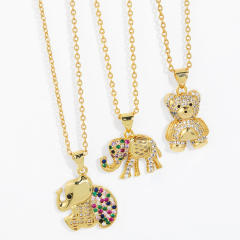 Cute rainbow cz bear elephant pendant gold plated copper necklace