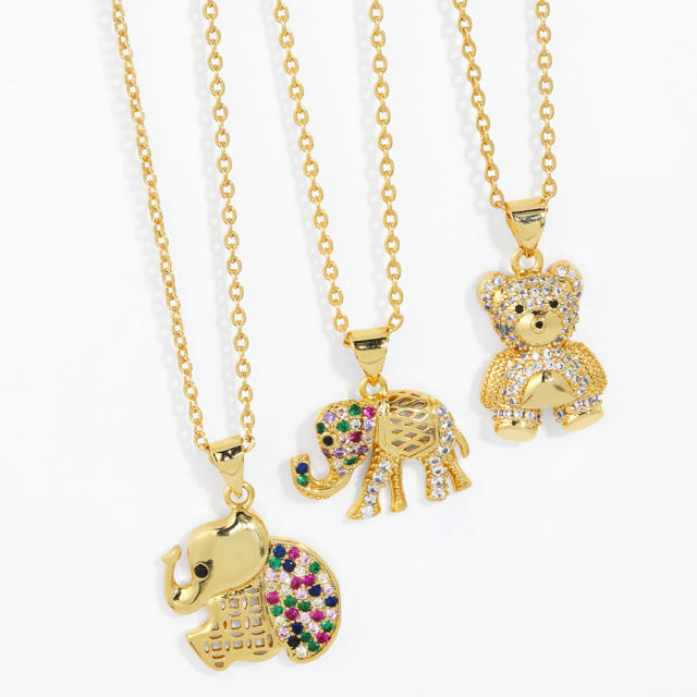 Cute rainbow cz bear elephant pendant gold plated copper necklace