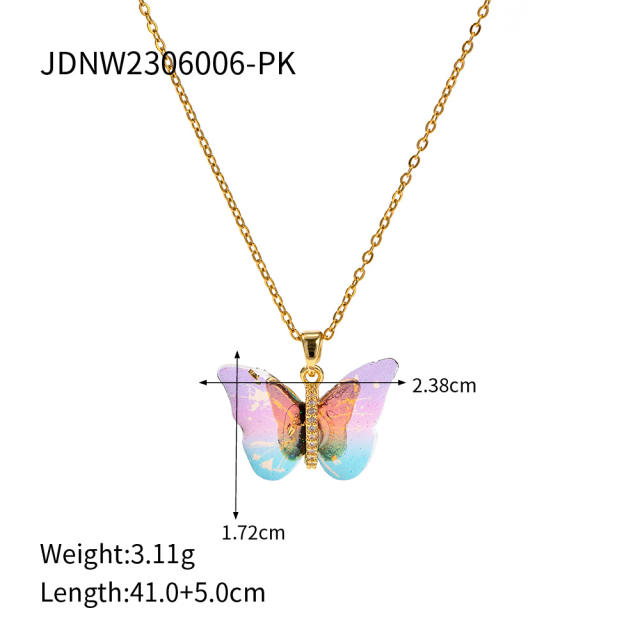 Natural resin butterfly pendant dainty stainless steel necklace