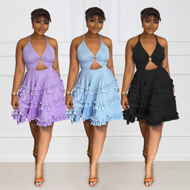 Sexy backless slip ruffle short dress