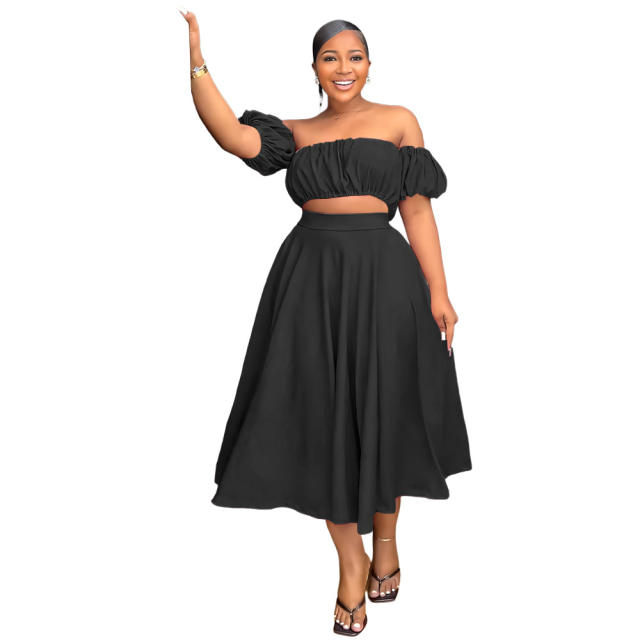 Sexy off shoulder cropped tops midi skirt set for women