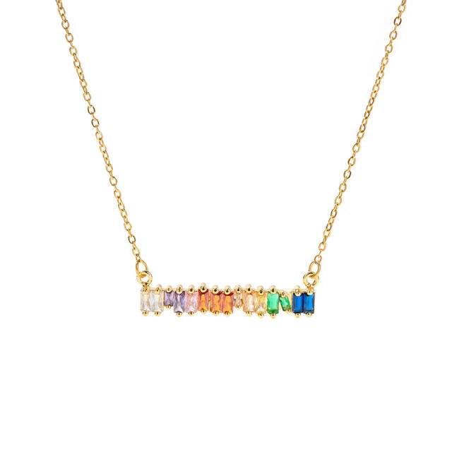 Delicate rainbow cz bar stainless steel dainty necklace