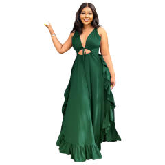 Sexy backless plain color v neck ruffle maxi dress