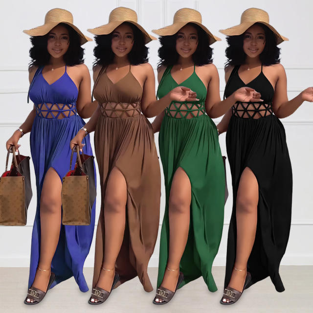Sexy plain color backless slip holiday dress for women