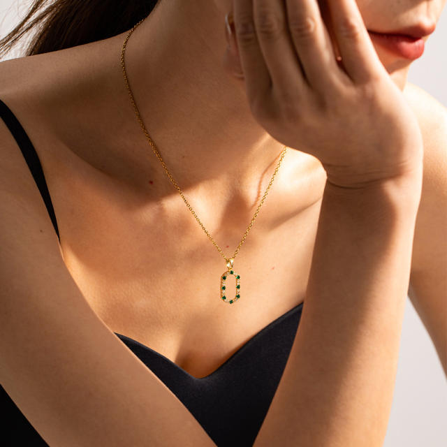 Dainty emerald oval pendant stainless steel necklace