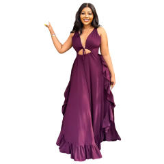 Sexy backless plain color v neck ruffle maxi dress