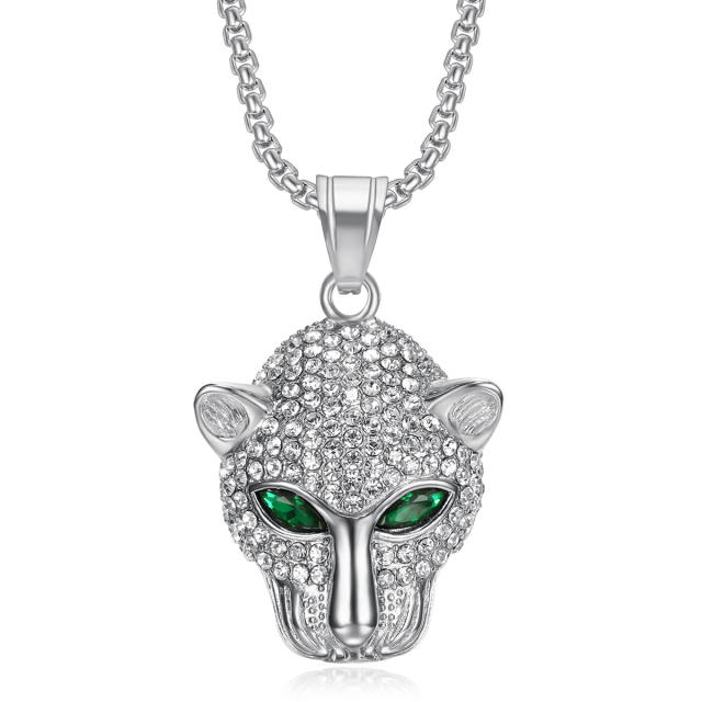 Hiphop full diamond green eye leopard pendant stainless steel necklace for men