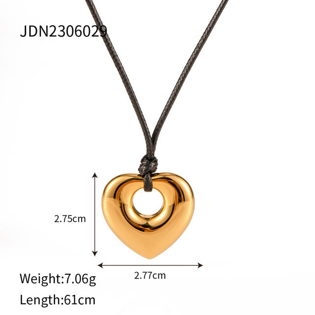 Hiphop black rope hollow chunky heart pendant stainless steel necklace