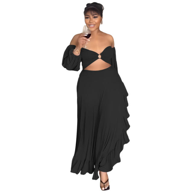 Sexy off shoulder long sleeve cropped tops maxi skirt set for women