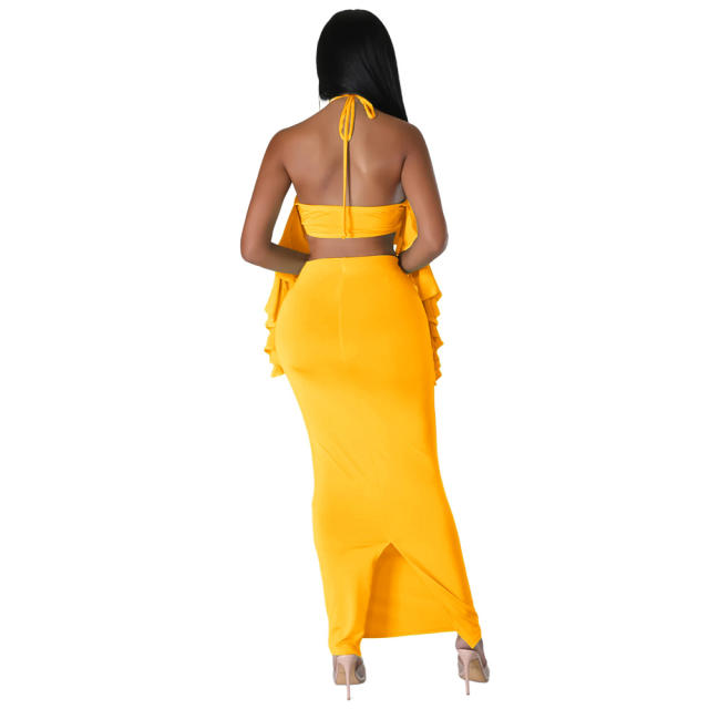 Sexy halter neck ruffle cropped tops maxi skirt set for women