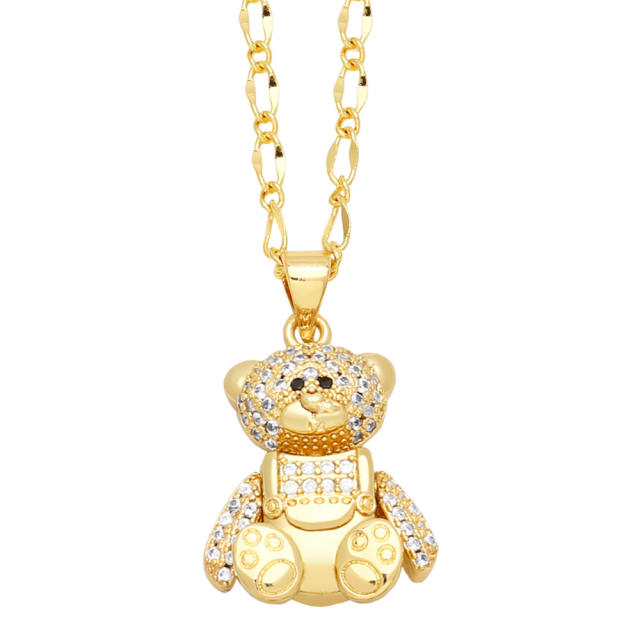 Cute diamond bear pendant real gold plated copper necklace
