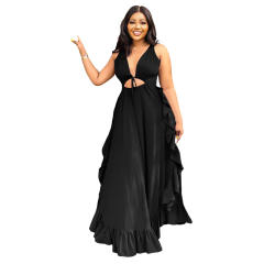 Sexy backless plain color v neck ruffle maxi dress