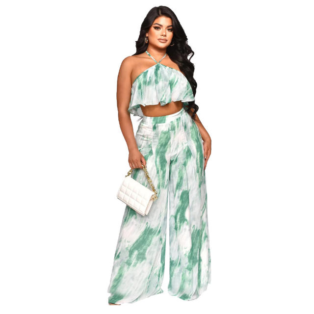 Sexy floral pattern halter neck cropped tops wide leg pants set