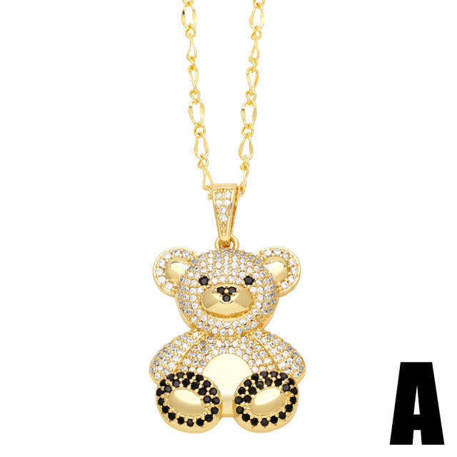 Cute diamond bear pendant real gold plated necklace