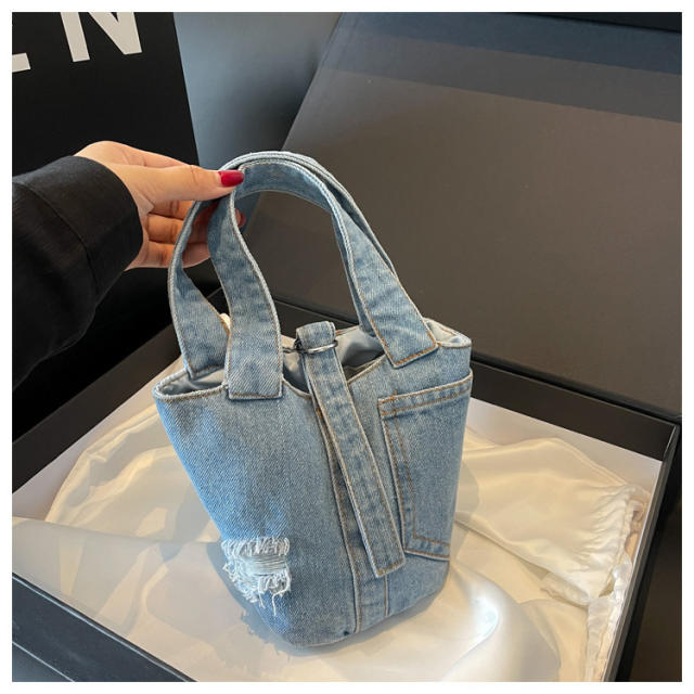 Vintage denim ripped cute busket bag handbag for women