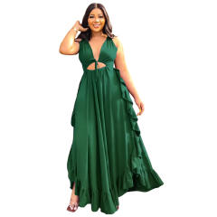 Sexy backless plain color v neck ruffle maxi dress