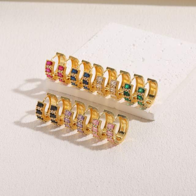INS real gold plated copper colorful cubic zircon huggie earrings