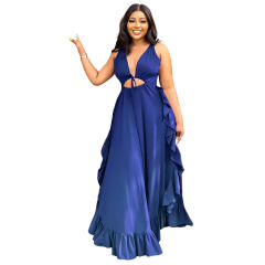 Sexy backless plain color v neck ruffle maxi dress