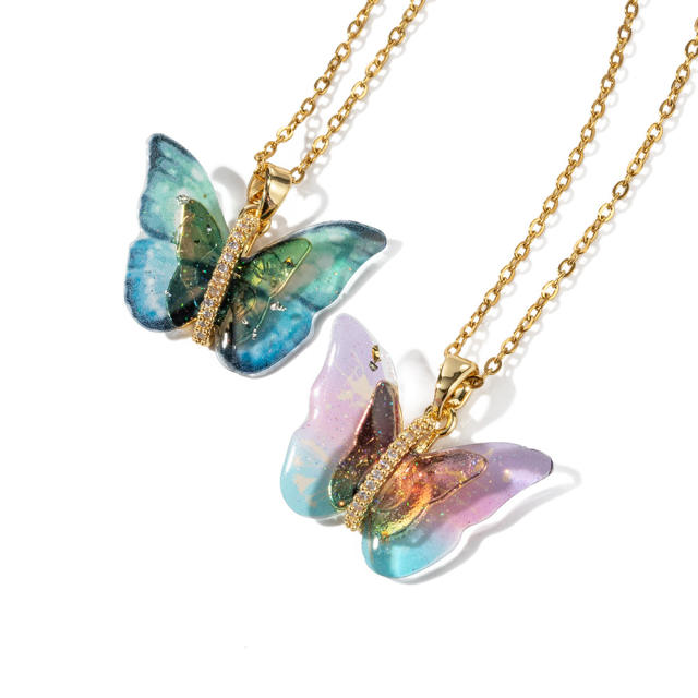 Natural resin butterfly pendant dainty stainless steel necklace