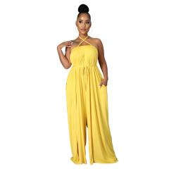 Summer plain color halter neck jumpsuit