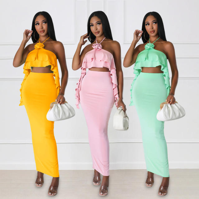Sexy halter neck ruffle cropped tops maxi skirt set for women