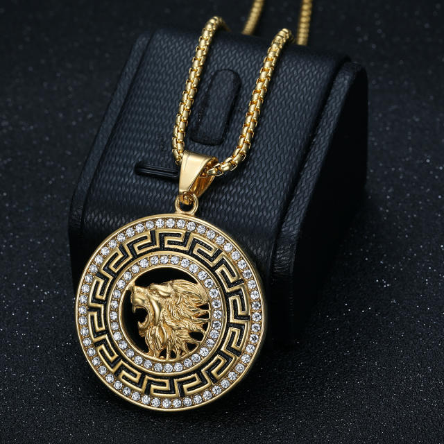 Hiphop lion round pendant stainless steel necklace for men