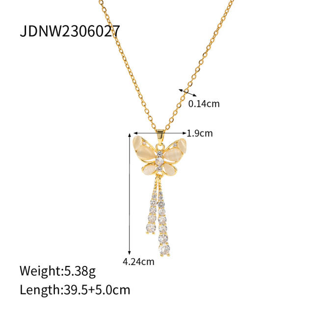 Dainty opal stone butterfly diamond tassel stainless steel necklace