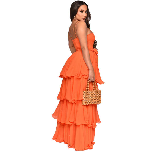 Hot sale plain color smoked ruffle slip dress maxi dress for women