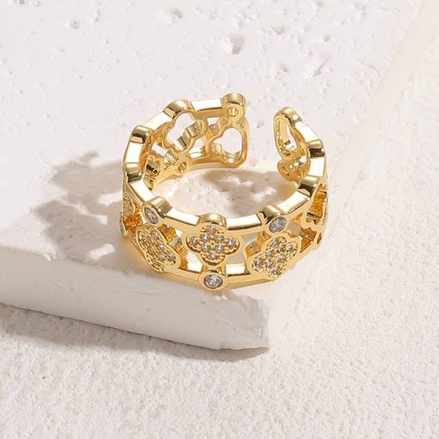 Hot sale real gold plated diamond clover chunky copper rings