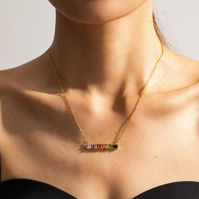 Delicate rainbow cz bar stainless steel dainty necklace