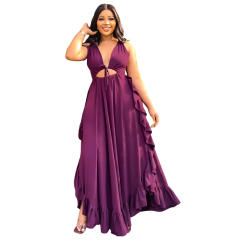 Sexy backless plain color v neck ruffle maxi dress