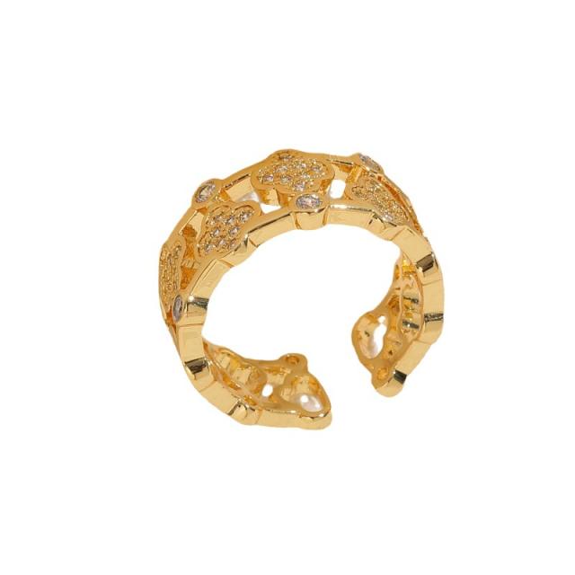 Hot sale real gold plated diamond clover chunky copper rings