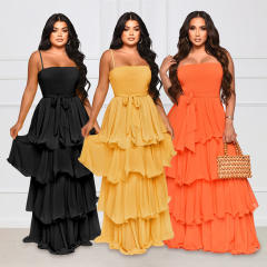 Hot sale plain color smoked ruffle slip dress maxi dress for women