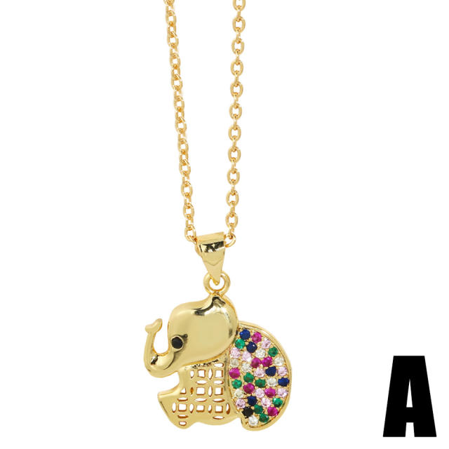 Cute rainbow cz bear elephant pendant gold plated copper necklace