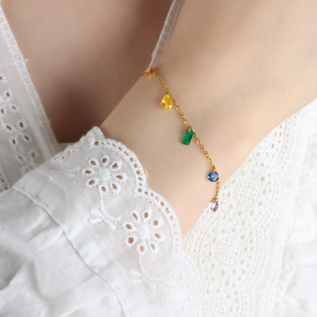 18K rainbow cubic zircon charm stainless steel bead necklace bracelet