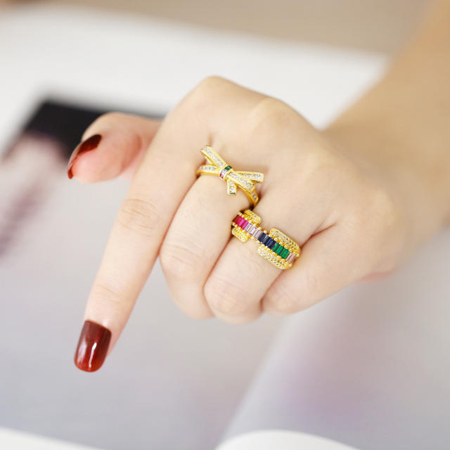 Vintage rainbow CZ statement bow gold plated copper rings