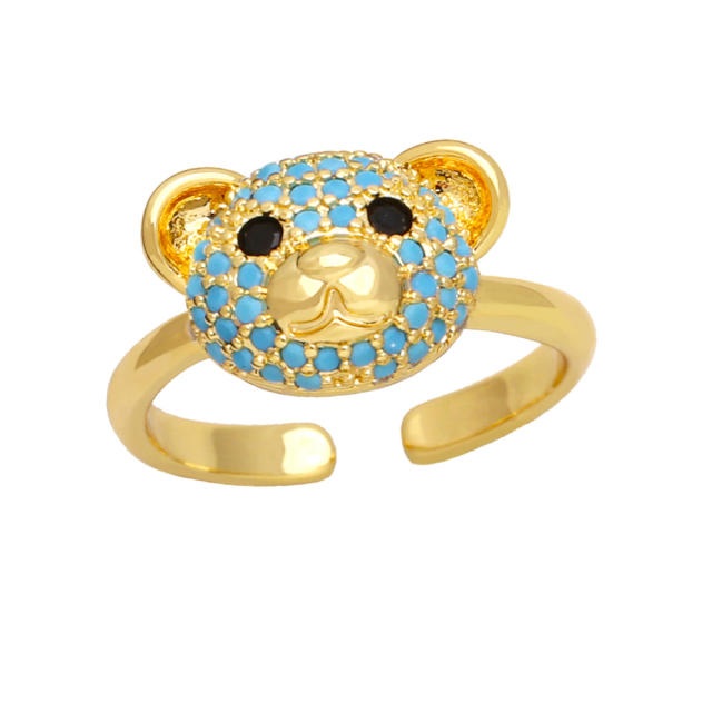 Cute full diamond colorful bear gold plated copper rings