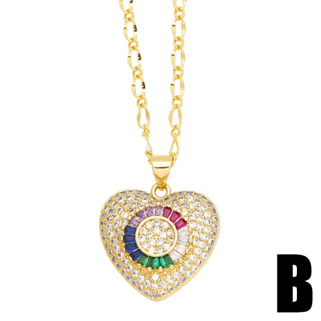 Personality diamond heart rainbow cz pendant gold plated copper necklace