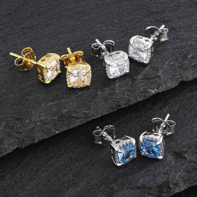Hiphop diamond square cut cubic zircon studs earrings for men